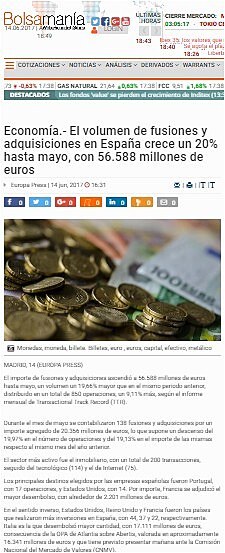 El volumen de fusiones y adquisiciones en Espaa crece un 20% hasta mayo, con 56.588 millones de euros